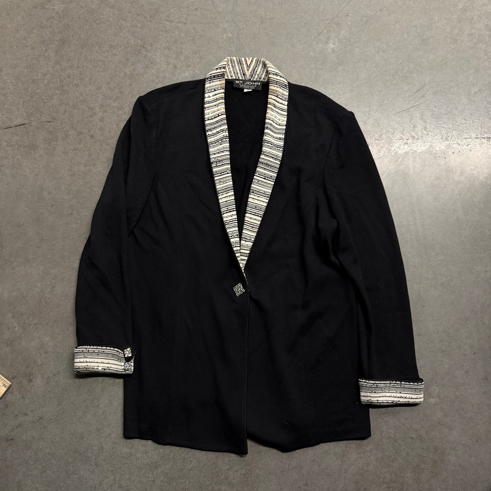 St John Evening Marie Gray Black Knit Blazer Sequin Trim Shawl Collar Size 16